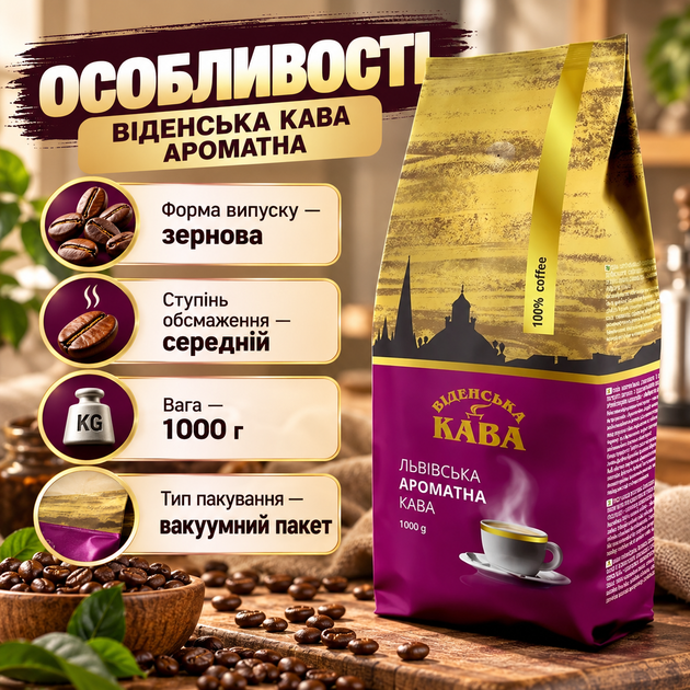 Зерновой кофе Виденський Кофе Ароматный 1000 г средняя обжарка вакуумная упаковка украинский в зернах для повседневного использования - изображение 2