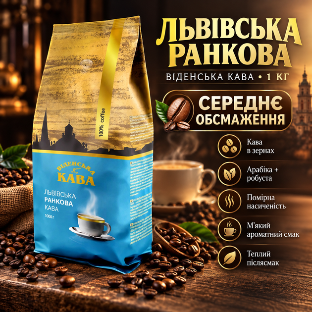Кофе в зернах Виденский кофе Львовская утренняя 1 кг средней обжарки арабика робуста мягкий вкус шоколад карамель сухофрукты для эспрессо капучино латте турки френч пресса кофемашины - Фото 1 Кофе в зернах Виденский кофе Львовская утренняя 1 кг средней обжарки арабика робуста мягкий вкус шоколад карамель сухофрукты для эспрессо капучино латте турки френч пресса кофемашины - изображение 1