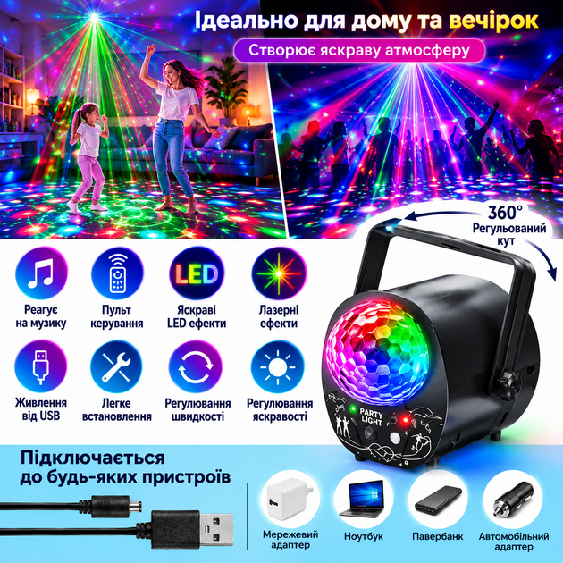 Светодиодный диско-проектор LED с разноцветными эффектами и вращением - Фото 2 Светодиодный диско-проектор LED с разноцветными эффектами и вращением - изображение 2