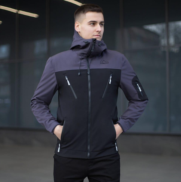 Чоловіча демісезонна куртка Pobedov Soft Shell чорно-сіра з капюшоном 2XL - зображення 7