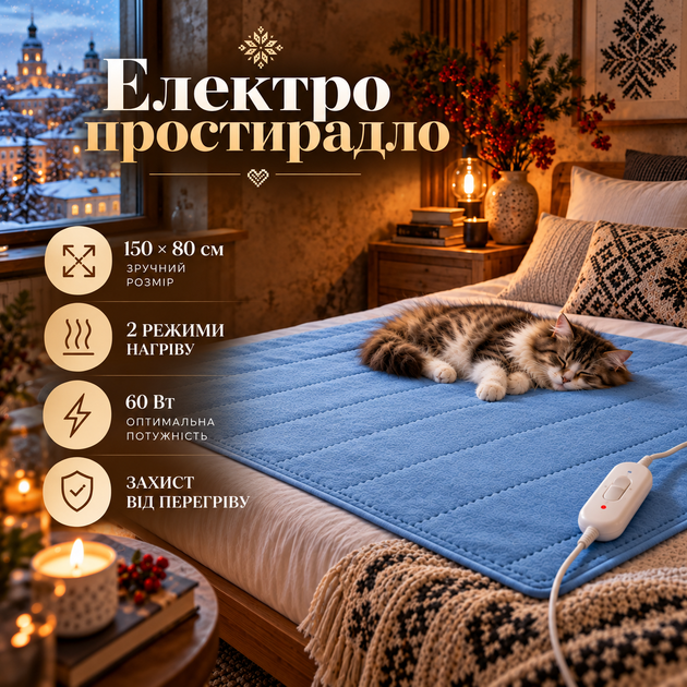 Електропростирадло з підігрівом 120×160 см синє, 2 режими нагріву, байкове електричне простирадло з провідним перемикачем 220 В - Фото 1 Електропростирадло з підігрівом 120×160 см синє, 2 режими нагріву, байкове електричне простирадло з провідним перемикачем 220 В - зображення 1