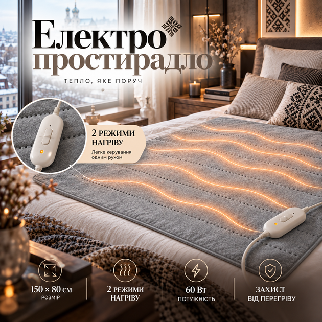 Электропростынь с подогревом 120×160 см серая, 2 режима нагрева, байковая электрическая простынь с проводным переключателем 220 В - Фото 2 Электропростынь с подогревом 120×160 см серая, 2 режима нагрева, байковая электрическая простынь с проводным переключателем 220 В - изображение 2