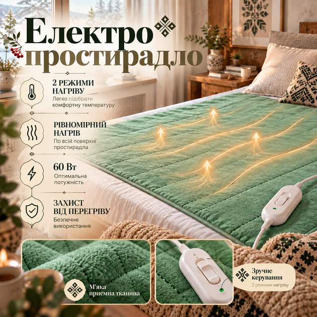 Электропростынь с подогревом 120×160 см зеленая, 2 режима нагрева, байковая электрическая простынь с проводным переключателем 220 В - Фото 2 Электропростынь с подогревом 120×160 см зеленая, 2 режима нагрева, байковая электрическая простынь с проводным переключателем 220 В - изображение 2