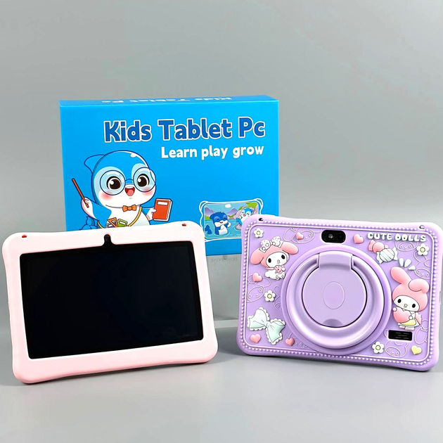 Планшет дитячий 7 дюймів HD для навчання та розваги MLD Cute Dolls силіконовий чохол бузковий - зображення 2
