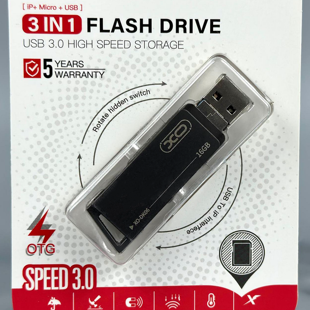 USB флешка 16Gb 3в1 USB3.0 Lightning Micro для хранения данных XO DK06 - изображение 2