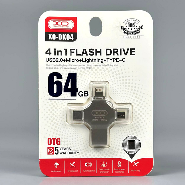 USB-флешка 64Gb 4в1 USB MicroUSB Lightning Type-C накопичувач інформації XO DK04 - Фото 2 USB-флешка 64Gb 4в1 USB MicroUSB Lightning Type-C накопичувач інформації XO DK04 - зображення 2