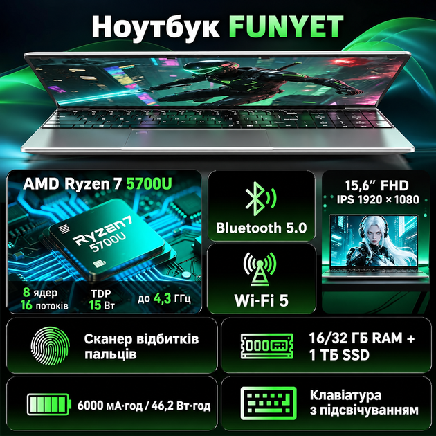 Ноутбук 15.6" FUNYET LAITMIN G5 AMD Ryzen 7 5700U RAM 16GB SSD 1TB Windows 11 (UKR) (102460291) - изображение 2