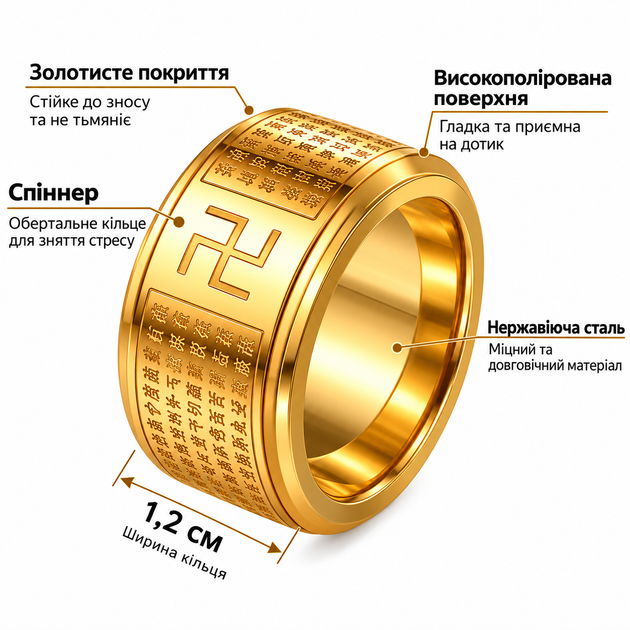 Кільце з гравіюванням китайської буддійської сутри перстень що обертається буддійський амулет золотий колір - Фото 4 Кільце з гравіюванням китайської буддійської сутри перстень що обертається буддійський амулет золотий колір - зображення 4