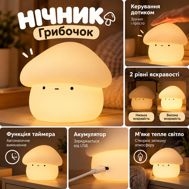 Нічник дитячий силіконовий тепле світло грибочок - зображення 2