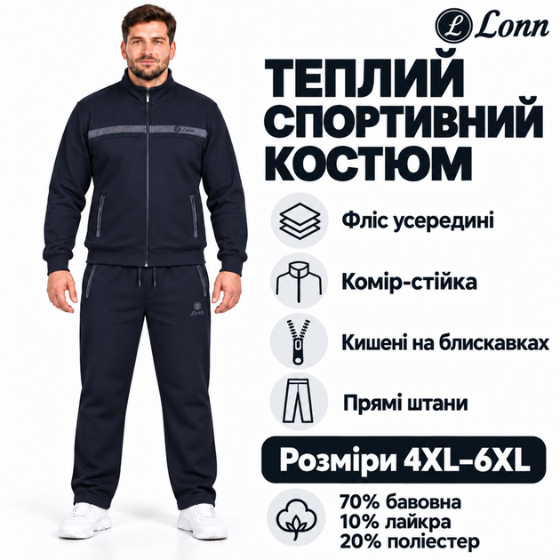 Спортивный костюм мужской Lonn утепленный с кофтой на молнии,5XL, Темно-синий - Фото 3 Спортивный костюм мужской Lonn утепленный с кофтой на молнии,5XL, Темно-синий - изображение 3