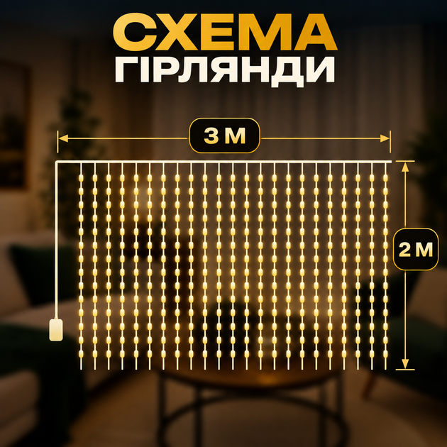 Світлодіодна гірлянда штора 3×2 метри 200 LED світлодіодів новорічна гірлянда шторка від USB гірлянда нитка на вікно 8 режимів прозорий дріт Жовтий - зображення 5