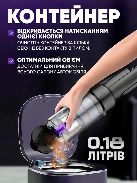 Автомобільний пилосос бездротовий акумуляторний для авто та прибирання дому з функцією видування легкий та потужний 5 насадок - зображення 3