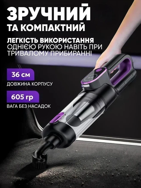 Автомобільний пилосос бездротовий акумуляторний для авто та прибирання дому з функцією видування легкий та потужний 5 насадок - зображення 4