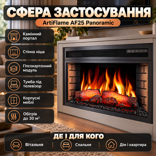 Електрокамін 3D ArtiFlame 1600 Вт вбудований з інфрачервоним обігрівом заокруглене панорамне скло електрокамін з ефектом живого полум'я звук вогню пульт таймер до 30 м2 - зображення 2