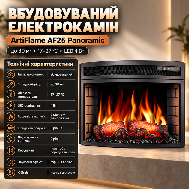 Електрокамін 3D ArtiFlame 1600 Вт вбудований з інфрачервоним обігрівом заокруглене панорамне скло електрокамін з ефектом живого полум'я звук вогню пульт таймер до 30 м2 - зображення 5