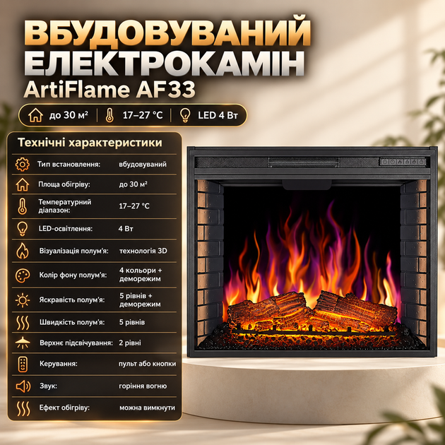 Электрокамин 3D ArtiFlame 1600 Вт электрокамин встроенный с эффектом живого пламени кирпичная кладка звук огня 4 цвета фона камин электрический декоративный пульт таймер до 30 м2 - изображение 2