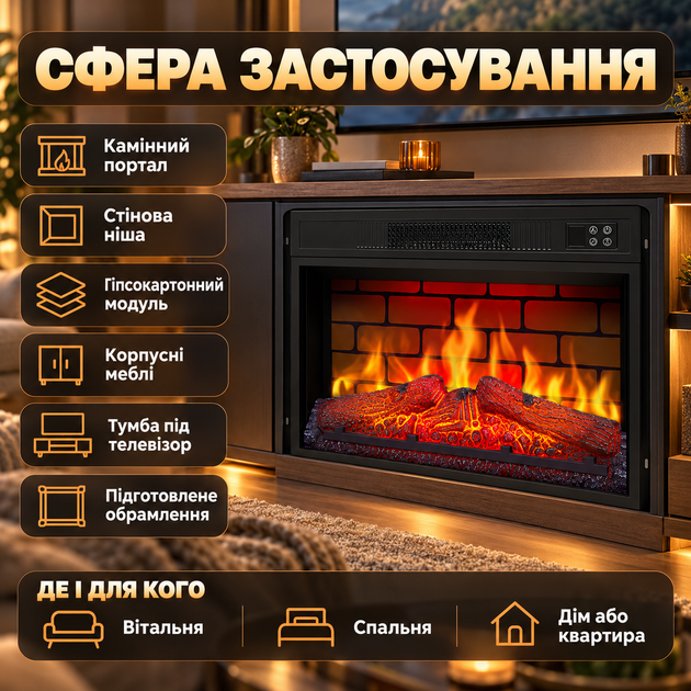 Камін електричний ArtiFlame 1800 Вт електрокамін вбудований з цегляною кладкою на стінках вогнища ефект полум'я звук горіння вогню для дому до 30 м2 термостат пульт - зображення 3