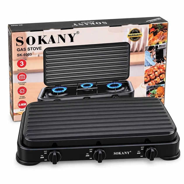 Газовая настольная плита SOKANY SK-6003 трехконфорочная с крышкой, 59×31×8 см Черный - изображение 8