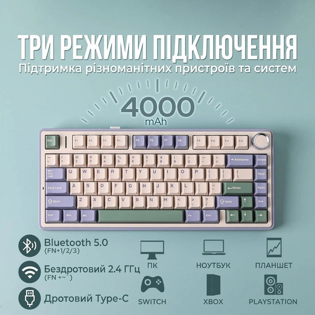 Бездротова ігрова механічна клавітура Aula F75 Garden green з Українською розкладкою, 75%, Hot-Swap, RGB, 2.4GHz/Bluetooth/USB - изображение 7