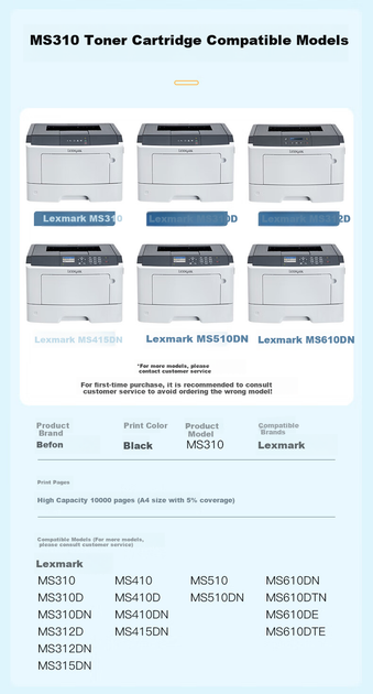 Тонер-картридж Befon для Lexmark MS310/MS410/MS510 повышенной емкости с чипом Black - Фото 5 Тонер-картридж Befon для Lexmark MS310/MS410/MS510 повышенной емкости с чипом Black - изображение 5