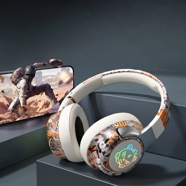 Игровые беспроводные наушники Xusom T12 Graffiti Edition - White-Orange - изображение 6