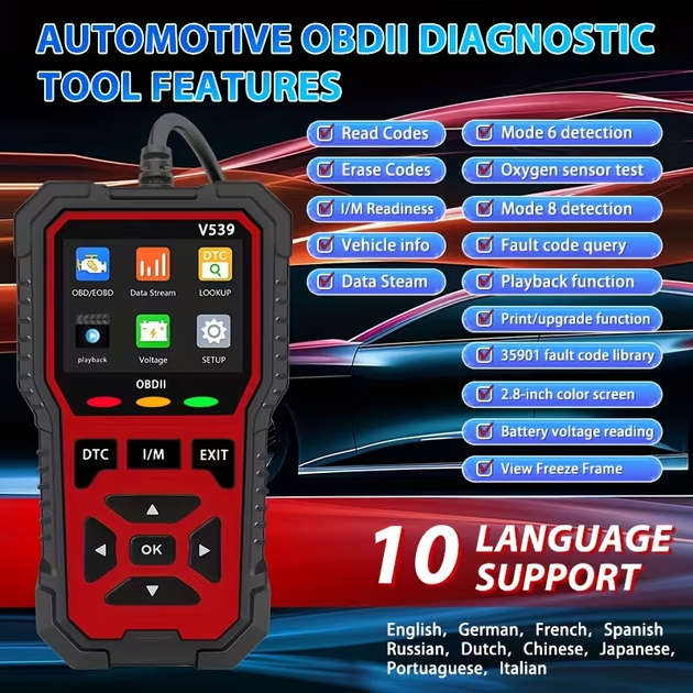Автомобильный сканер OBD2 V539 — Профессиональная диагностика, 35 901 кодов DTC, цветной экран 2.8", тест АКБ, Live Data - изображение 8