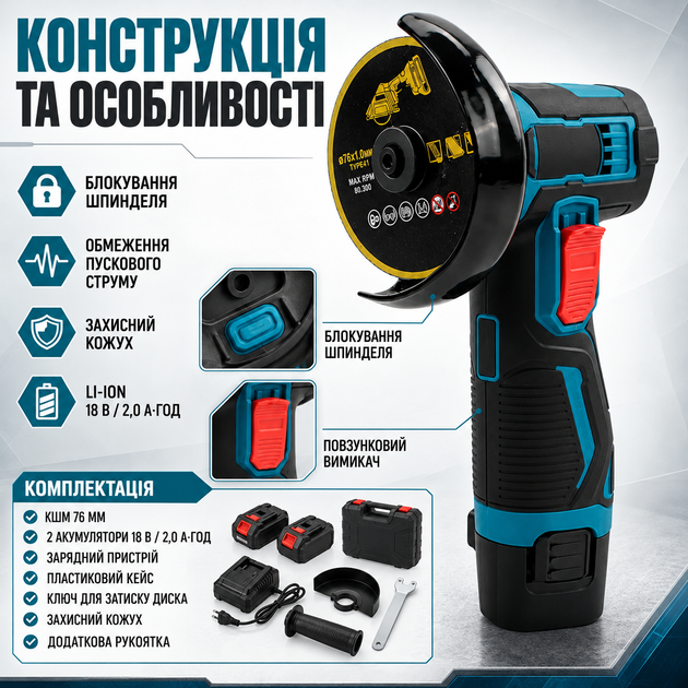Акумуляторна кутова шліфмашина GWS-12BC-18V 18 В 19500 об хв для різання шліфування зачищення з 2 акумуляторами - зображення 3