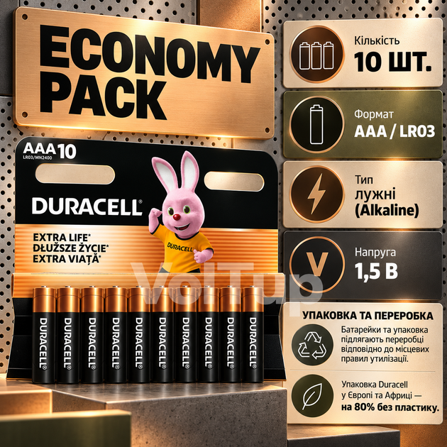 DURACELL AAA Basic Alkaline LR03 10 шт, батарейки 1,5 В Economy Pack із захистом від протікання - Фото 5 DURACELL AAA Basic Alkaline LR03 10 шт, батарейки 1,5 В Economy Pack із захистом від протікання - зображення 5