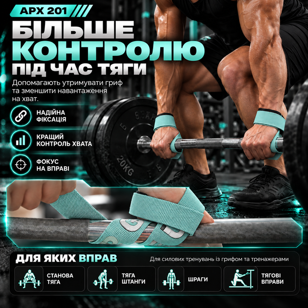 Лямки для тяги APEX 201 бірюзовий, для важкої атлетики, пауерліфтингу, бодібілдингу та силових тренувань - зображення 4