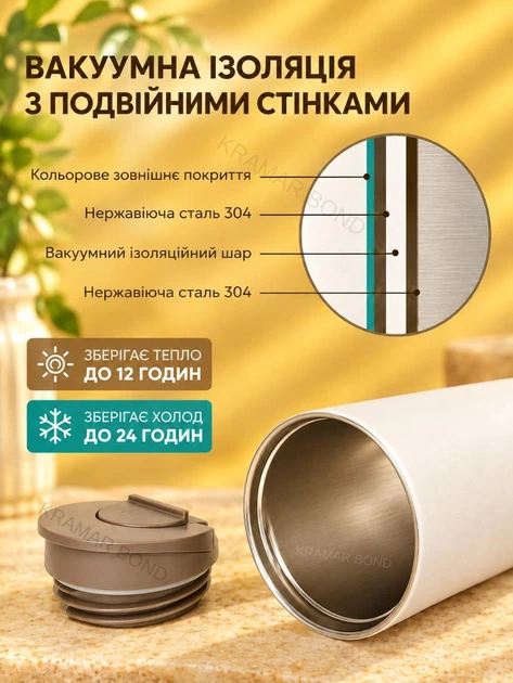 Термокружка TYESO 360 мл, термочашка с крышкой для кофе и чая, герметичная автомобильная дорожная туристическая, из нержавеющей стали 304, двойные стенки с вакуумной изоляцией, бежевая 627498068 - изображение 5