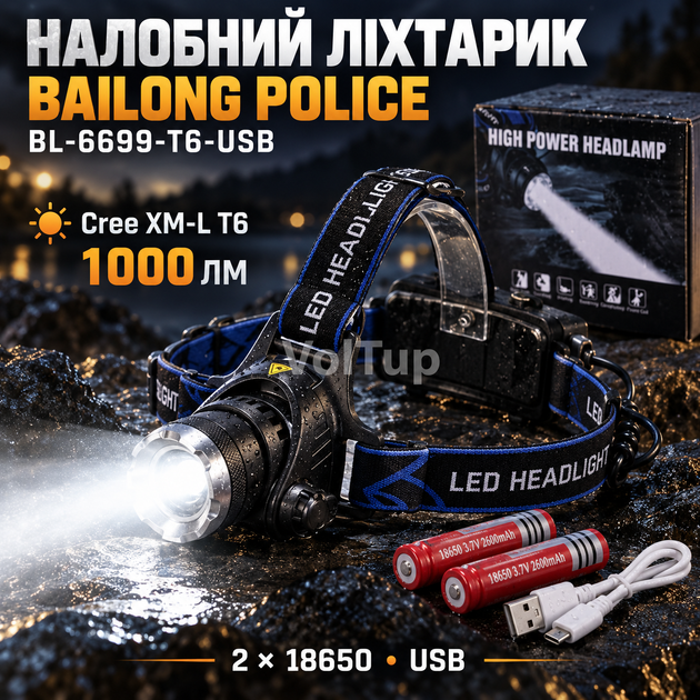 Налобний ліхтар BAILONG Police BL-6699-T6-USB акумуляторний, 1000 лм, дальність променя до 800 м - Фото 1 Налобний ліхтар BAILONG Police BL-6699-T6-USB акумуляторний, 1000 лм, дальність променя до 800 м - зображення 1