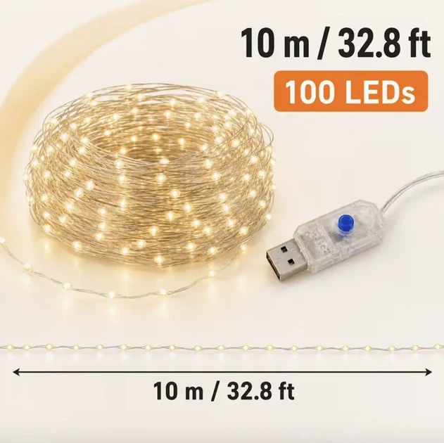 Гірлянда LED «Роса» на сріблястому дроті з USB, тепле біле світло - Фото 2 Гірлянда LED «Роса» на сріблястому дроті з USB, тепле біле світло - зображення 2
