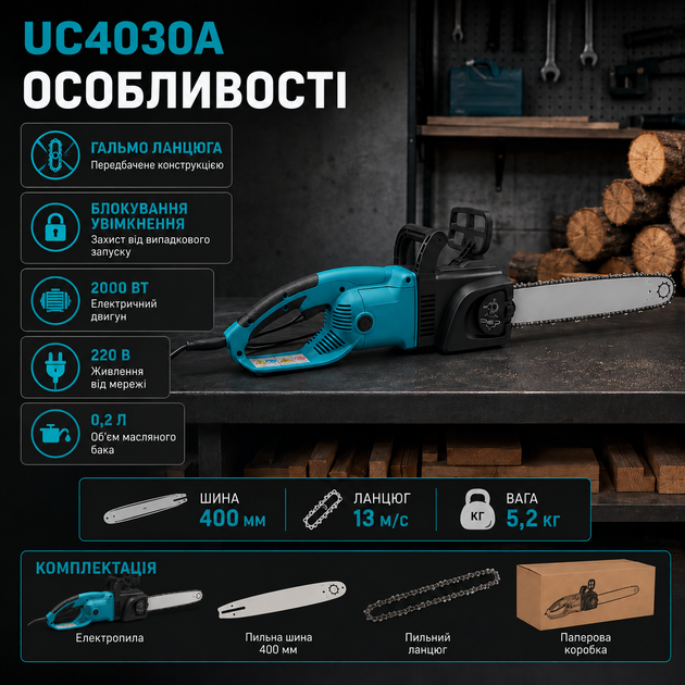 Электрическая цепная пила UC4030A 2000 Вт 220 В шина 40 см для древесины бревен дров садовых строительных работ - Фото 2 Электрическая цепная пила UC4030A 2000 Вт 220 В шина 40 см для древесины бревен дров садовых строительных работ - изображение 2