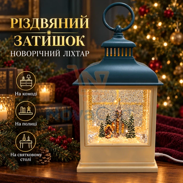 Різдвяний світильник із церквою, декоративний нічник для комода, зимовий ліхтар із прозорими віконцями Біло-синій - Фото 3 Різдвяний світильник із церквою, декоративний нічник для комода, зимовий ліхтар із прозорими віконцями Біло-синій - зображення 3