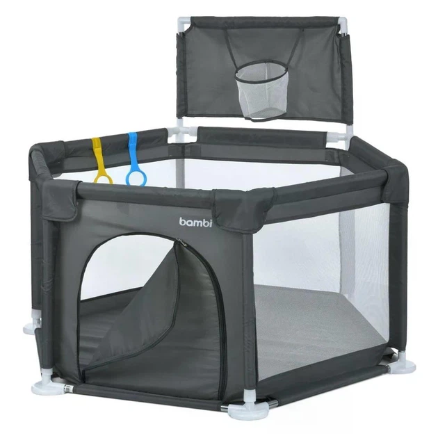 Дитячий манеж Bambi MR 1340-G (баскетбольне кільце, на застібці, дві ручки) сірий - Фото 1 Дитячий манеж Bambi MR 1340-G (баскетбольне кільце, на застібці, дві ручки) сірий - изображение 1