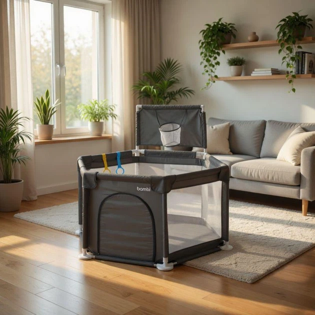 Дитячий манеж Bambi MR 1340-G (баскетбольне кільце, на застібці, дві ручки) сірий - Фото 8 Дитячий манеж Bambi MR 1340-G (баскетбольне кільце, на застібці, дві ручки) сірий - изображение 8
