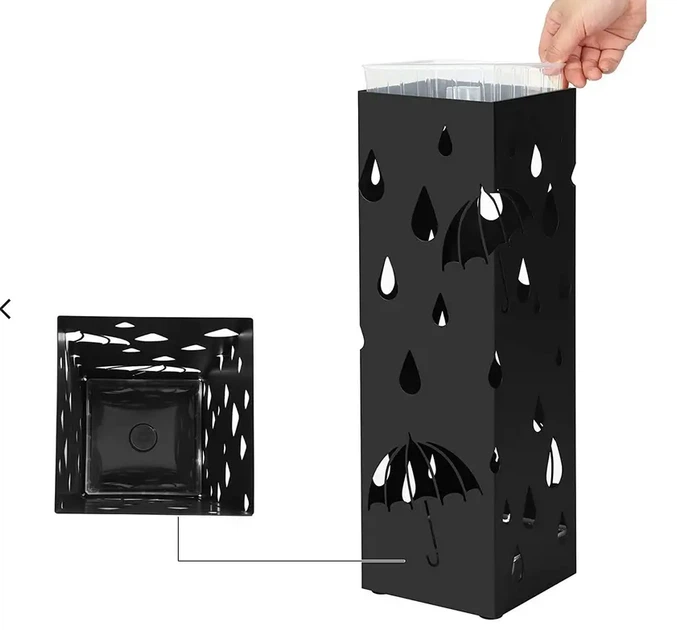 Зонт, подставка для зонтов LUC49B Черный 15,5x15,5x49 см металлический, с поддоном для воды и 4 крючками, 4 антискользящие накладки - Фото 2 Зонт, подставка для зонтов LUC49B Черный 15,5x15,5x49 см металлический, с поддоном для воды и 4 крючками, 4 антискользящие накладки - изображение 2
