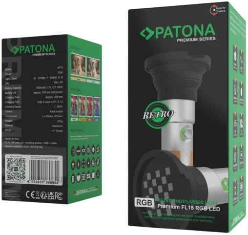 Відеосвітло LED RGB PATONA Premium Retro FL15 з 20 проекційними фільтрами та чохлом (4055655260954) - Фото 6 Відеосвітло LED RGB PATONA Premium Retro FL15 з 20 проекційними фільтрами та чохлом (4055655260954) - зображення 6