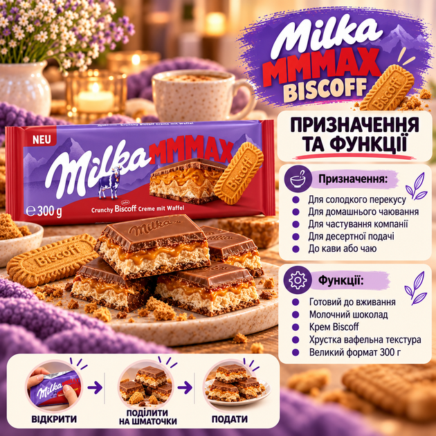 Шоколад молочный Milka Biscoff MMMAX с кремовой начинкой карамелизированным печеньем хрустящей вафлей десертная большая плитка 300 г - Фото 4 Шоколад молочный Milka Biscoff MMMAX с кремовой начинкой карамелизированным печеньем хрустящей вафлей десертная большая плитка 300 г - изображение 4