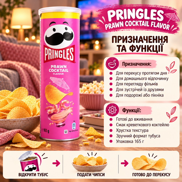 Чипси Pringles Prawn Cocktail Flavor картопляні смажені хрусткі зі смаком коктейлю креветок морепродуктів у картонному тубусі 165 г - Фото 4 Чипси Pringles Prawn Cocktail Flavor картопляні смажені хрусткі зі смаком коктейлю креветок морепродуктів у картонному тубусі 165 г - зображення 4