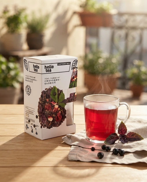 Чай трав'яний Hello Tea Смородина Базилік пакетований ягідний ароматний без кофеїну з натуральними ягодами листям у фільтр пакетах 20 шт для чашки - Фото 6 Чай трав'яний Hello Tea Смородина Базилік пакетований ягідний ароматний без кофеїну з натуральними ягодами листям у фільтр пакетах 20 шт для чашки - зображення 6