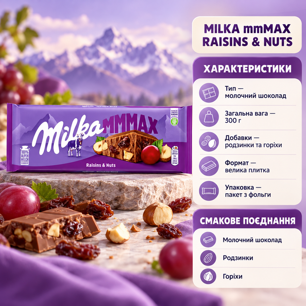 Шоколад молочний Milka mmMAX Raisins Nuts з родзинками горіхами велика плитка солодкий десерт у фольгованій упаковці 300 г - зображення 3