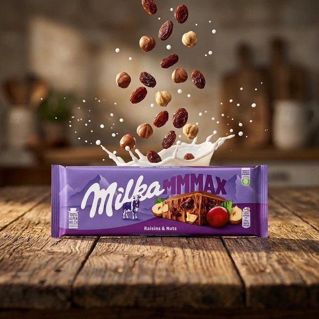 Шоколад молочний Milka mmMAX Raisins Nuts з родзинками горіхами велика плитка солодкий десерт у фольгованій упаковці 300 г - зображення 5