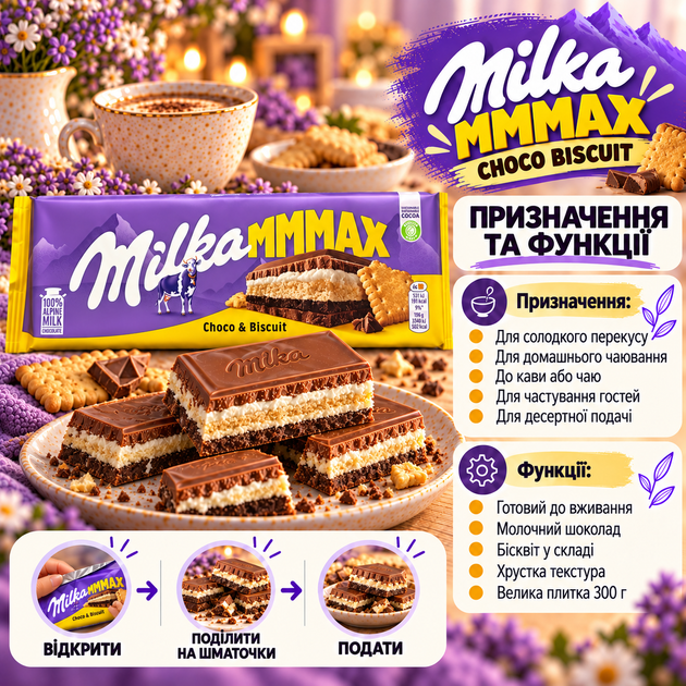 Шоколад молочный Milka Choco Biscuit с бисквитом хрустящей начинкой большая десертная плитка для чая кофе и сладкого перекуса 300 г - изображение 4