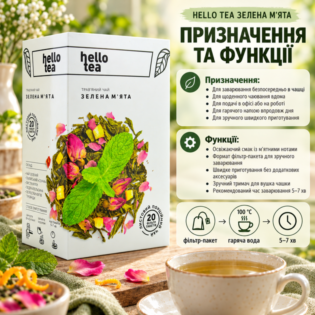 Чай травяной Hello Tea Зеленая мята пакетированный китайский Сенча освежающий с листьями цедрой апельсина лепестками розы в фильтр пакетах 20 шт по 2 г для чашки - Фото 4 Чай травяной Hello Tea Зеленая мята пакетированный китайский Сенча освежающий с листьями цедрой апельсина лепестками розы в фильтр пакетах 20 шт по 2 г для чашки - изображение 4