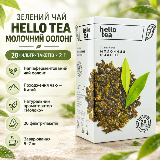 Чай зелений Hello Tea Молочний оолонг пакетований китайський напівферментований з натуральним ароматизатором молока вершковий у фільтр пакетах 20 шт по 2 г - Фото 1 Чай зелений Hello Tea Молочний оолонг пакетований китайський напівферментований з натуральним ароматизатором молока вершковий у фільтр пакетах 20 шт по 2 г - зображення 1