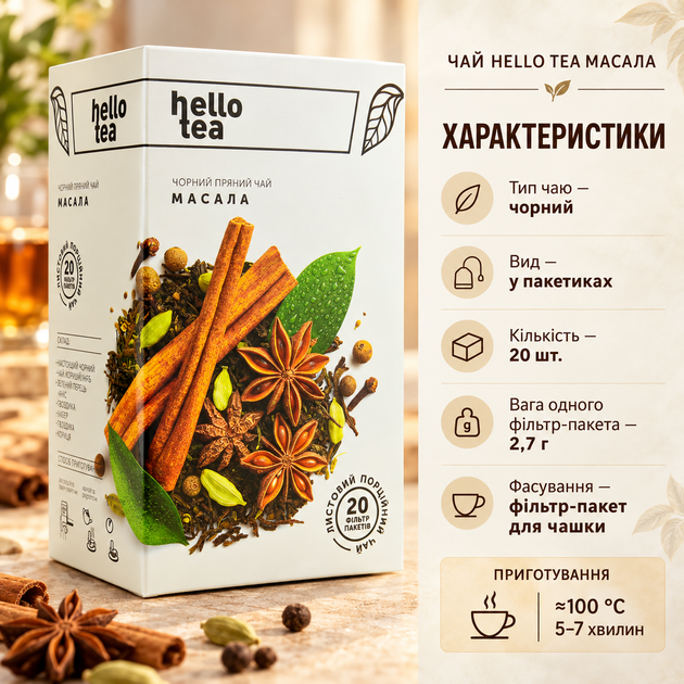 Чай чорний Hello Tea Масала пакетований індійський Дарджилінг зі спеціями пряний у фільтр пакетах 20 шт по 2,7 г для чашки - Фото 3 Чай чорний Hello Tea Масала пакетований індійський Дарджилінг зі спеціями пряний у фільтр пакетах 20 шт по 2,7 г для чашки - зображення 3