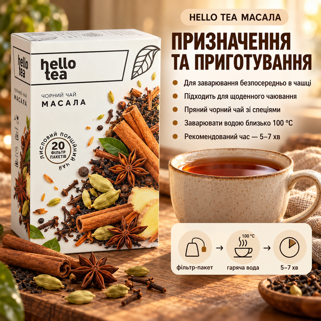 Чай чорний Hello Tea Масала пакетований індійський Дарджилінг зі спеціями пряний у фільтр пакетах 20 шт по 2,7 г для чашки - Фото 4 Чай чорний Hello Tea Масала пакетований індійський Дарджилінг зі спеціями пряний у фільтр пакетах 20 шт по 2,7 г для чашки - зображення 4