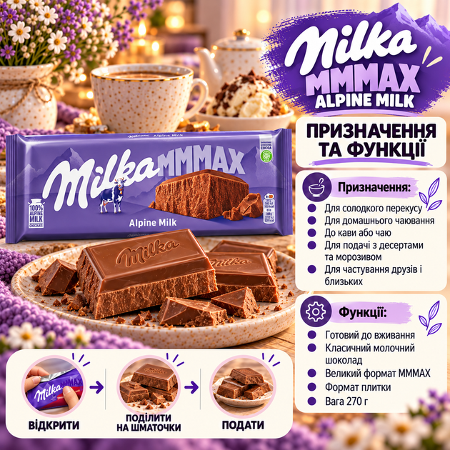 Шоколад молочный Milka MMMAX Alpine Milk альпийский классический большая плитка нежный сливочный десерт для чая кофе мороженого 270 г - изображение 4