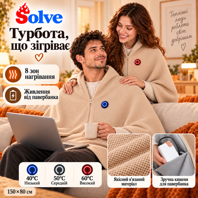Плед-накидка с подогревом Solve 150х80 см USB от повербанка, 8 зон нагрева, на флисе, бежевый KT9009501 - Фото 8 Плед-накидка с подогревом Solve 150х80 см USB от повербанка, 8 зон нагрева, на флисе, бежевый KT9009501 - изображение 8